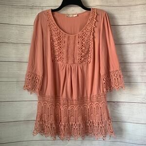L'affaire Boho Pink Tunic Top with Crochet Lace Detail 3/4 Length Sleeves Size L